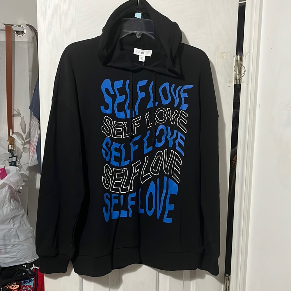 BP. Sweatshirt Small Black Hoodie Long Sleeve Drawstrings Self Love Graphic